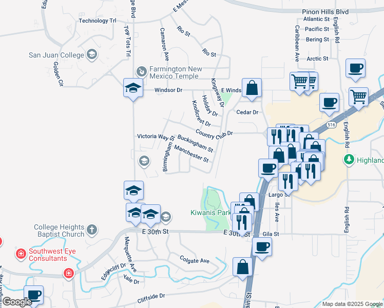 map of restaurants, bars, coffee shops, grocery stores, and more near Manchester Street in Farmington