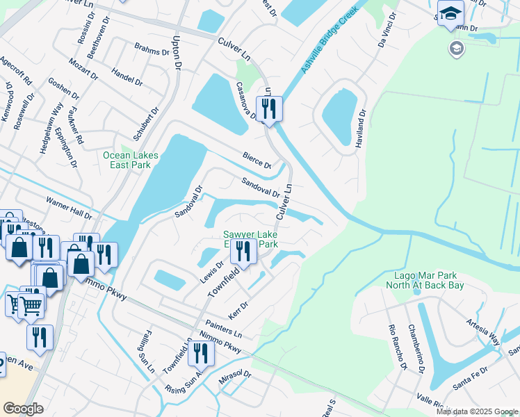 map of restaurants, bars, coffee shops, grocery stores, and more near 1212 Aztec Court in Virginia Beach