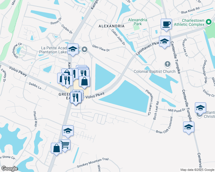 map of restaurants, bars, coffee shops, grocery stores, and more near 1804 Volvo Parkway in Chesapeake