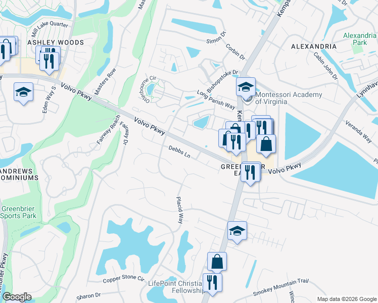 map of restaurants, bars, coffee shops, grocery stores, and more near 1210 Pebble Rock Court in Chesapeake