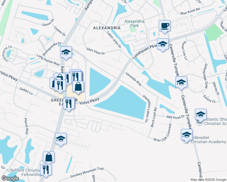 map of restaurants, bars, coffee shops, grocery stores, and more near 1837 Volvo Parkway in Chesapeake