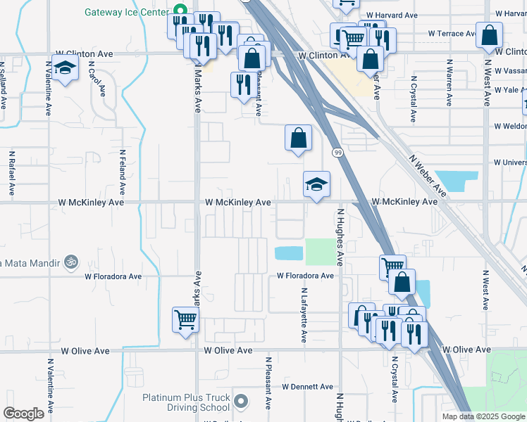 map of restaurants, bars, coffee shops, grocery stores, and more near 2533 West McKinley Avenue in Fresno