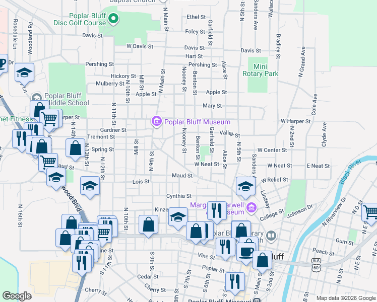 map of restaurants, bars, coffee shops, grocery stores, and more near 900 Nooney Street in Poplar Bluff
