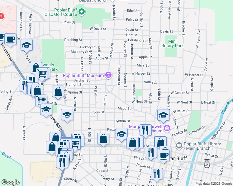 map of restaurants, bars, coffee shops, grocery stores, and more near 1111 North Main Street in Poplar Bluff