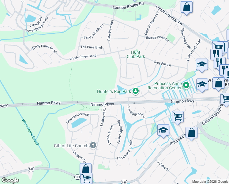 map of restaurants, bars, coffee shops, grocery stores, and more near 2099 Dry Creek Court in Virginia Beach