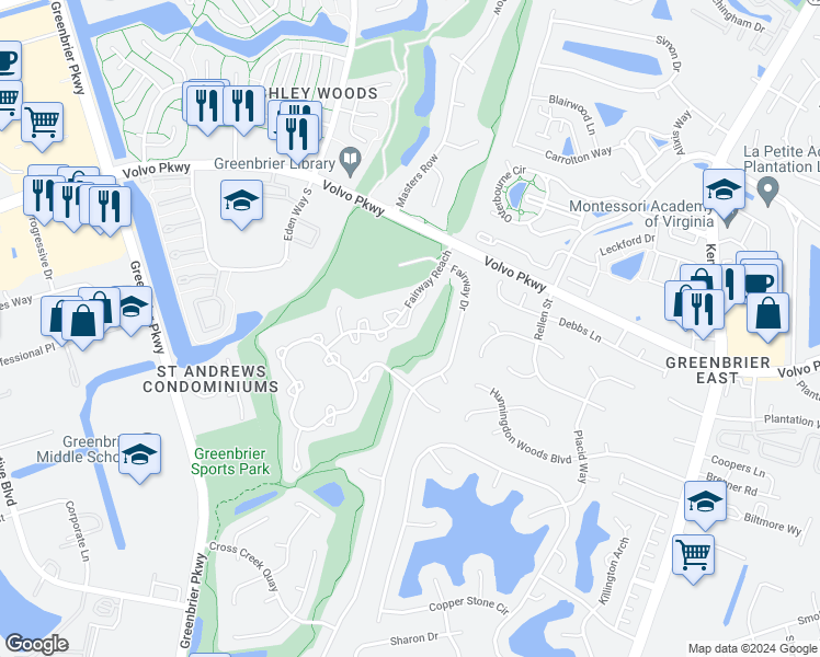 map of restaurants, bars, coffee shops, grocery stores, and more near 1305 Eagles Trace Path in Chesapeake