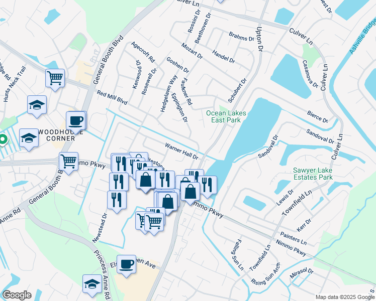 map of restaurants, bars, coffee shops, grocery stores, and more near 1096 Warner Hall Dr in Virginia Beach