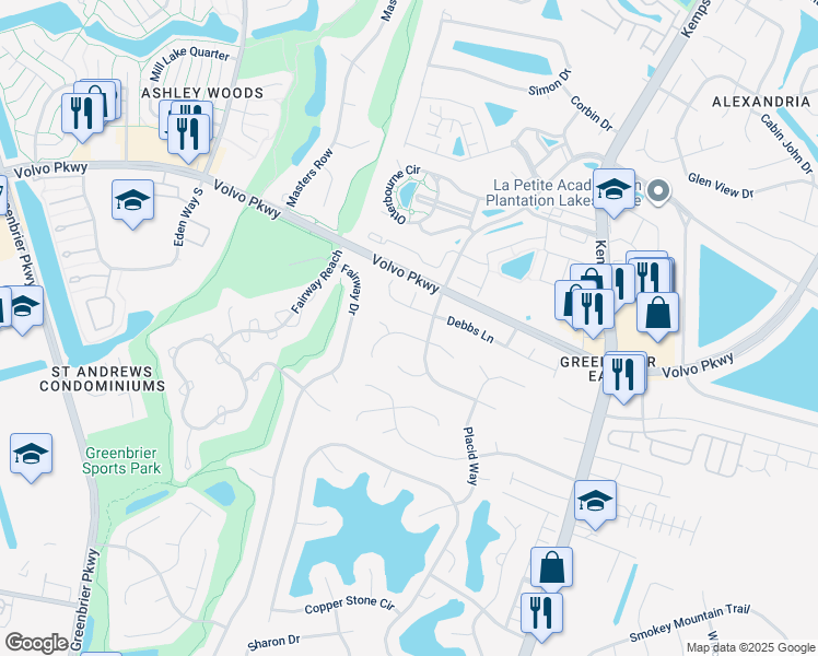 map of restaurants, bars, coffee shops, grocery stores, and more near 1336 Cambridge Way in Chesapeake