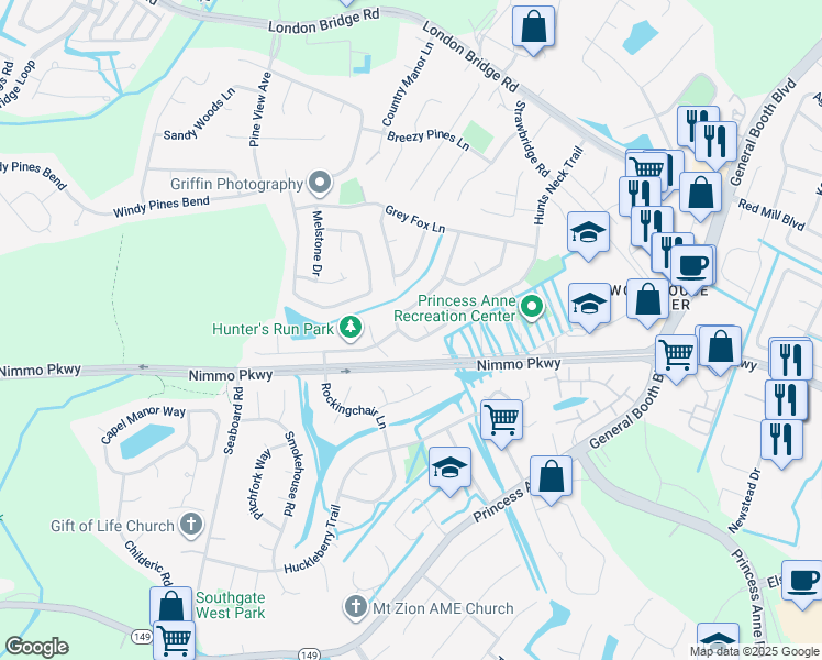 map of restaurants, bars, coffee shops, grocery stores, and more near 2465 Hunting Horn Way in Virginia Beach