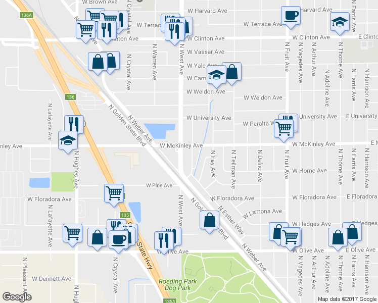 map of restaurants, bars, coffee shops, grocery stores, and more near 1204 West McKinley Avenue in Fresno