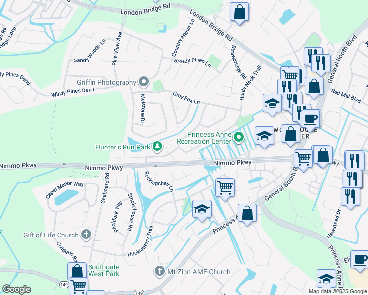 map of restaurants, bars, coffee shops, grocery stores, and more near 2465 Hunting Horn Way in Virginia Beach