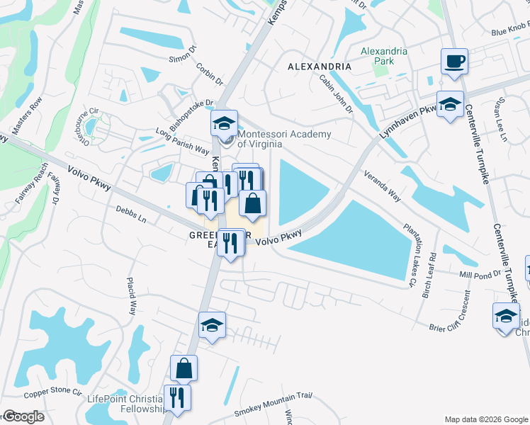 map of restaurants, bars, coffee shops, grocery stores, and more near 1518 Plantation Lakes Circle in Chesapeake