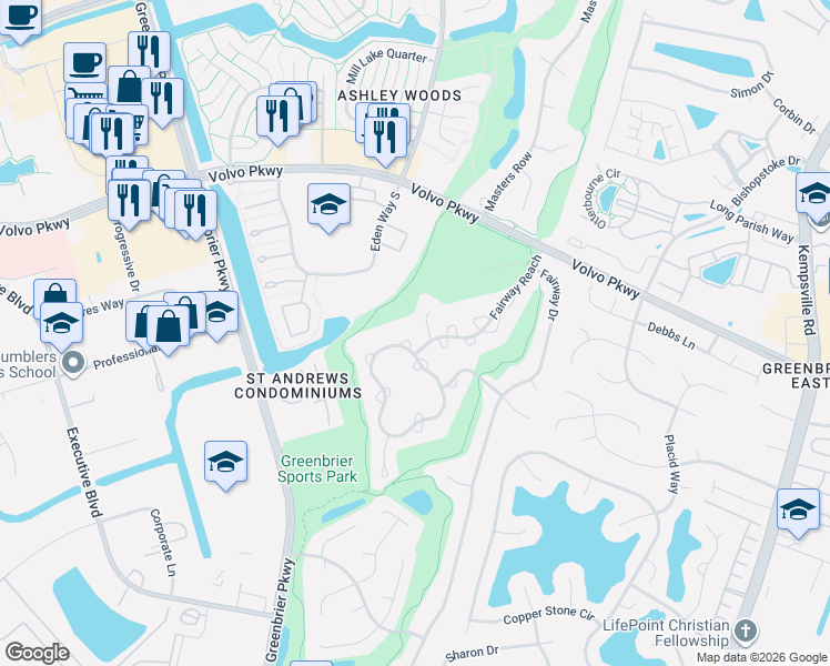 map of restaurants, bars, coffee shops, grocery stores, and more near 1307 Fairways Lookout in Chesapeake