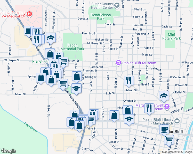 map of restaurants, bars, coffee shops, grocery stores, and more near 1100 Spring Street in Poplar Bluff
