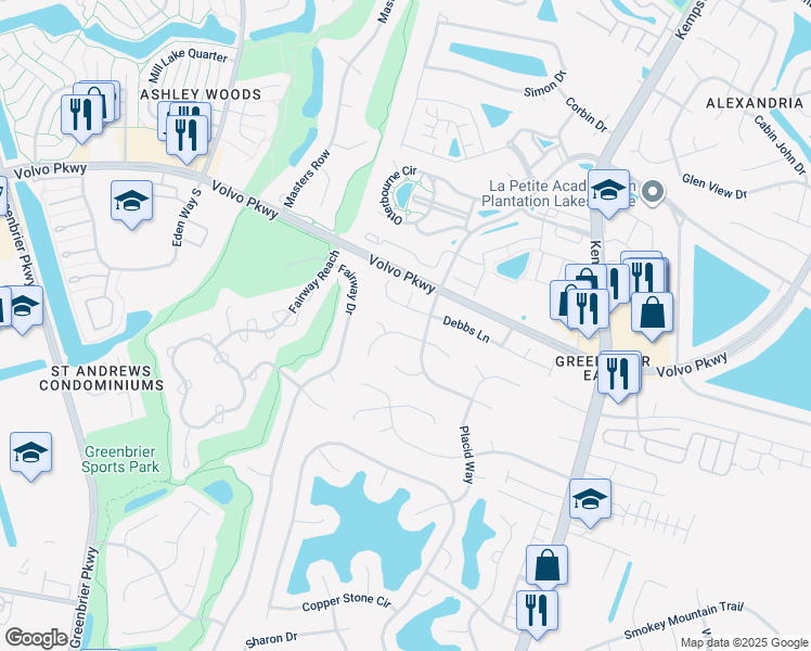 map of restaurants, bars, coffee shops, grocery stores, and more near 1336 Cambridge Way in Chesapeake
