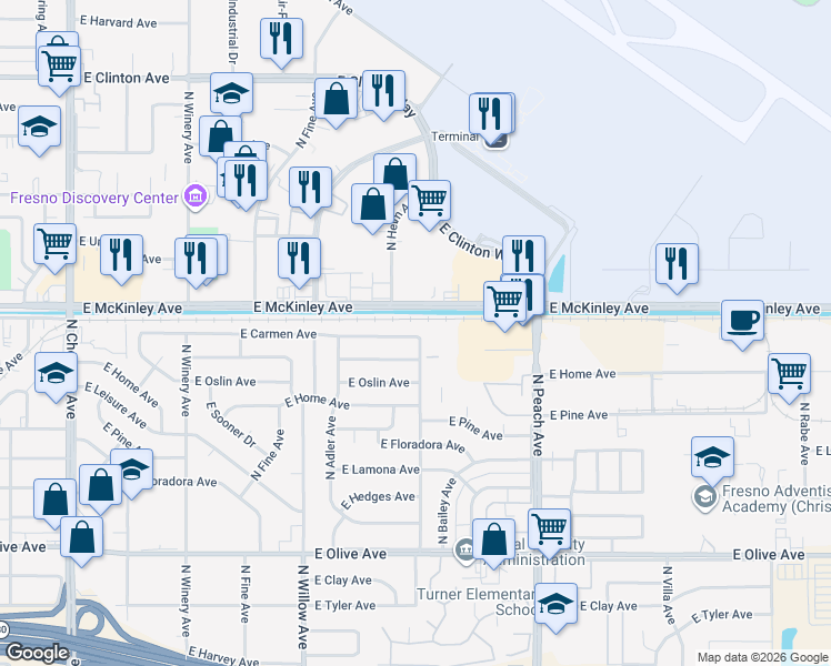 map of restaurants, bars, coffee shops, grocery stores, and more near 5097 East Carmen Avenue in Fresno