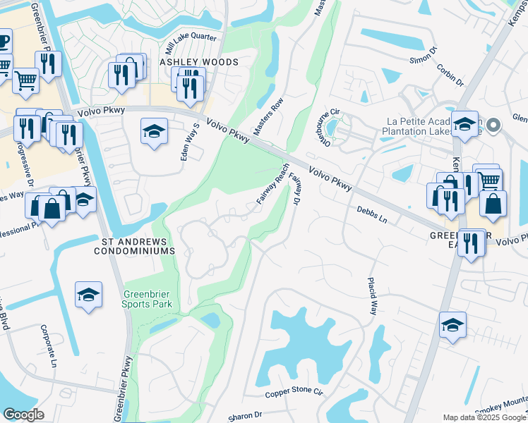map of restaurants, bars, coffee shops, grocery stores, and more near 1305 Eagles Trace Path in Chesapeake