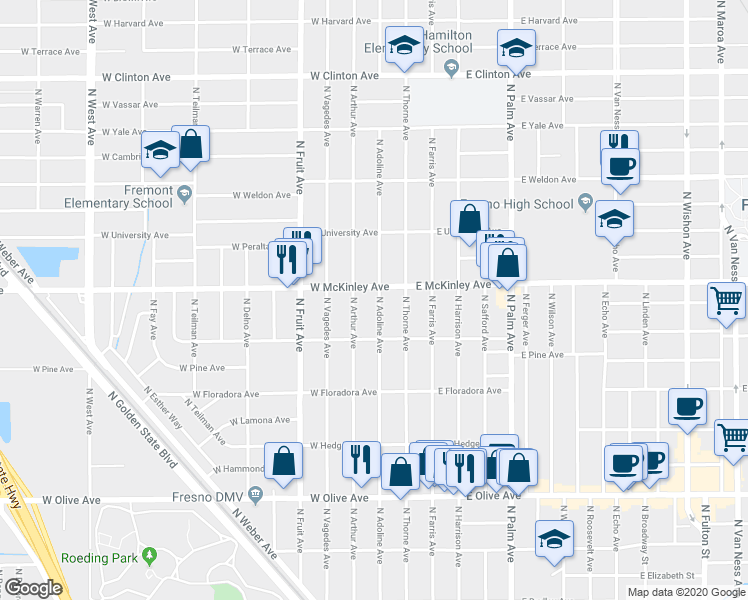 map of restaurants, bars, coffee shops, grocery stores, and more near 1577 North Adoline Avenue in Fresno
