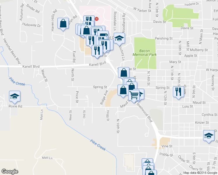 map of restaurants, bars, coffee shops, grocery stores, and more near Spring Street in Poplar Bluff