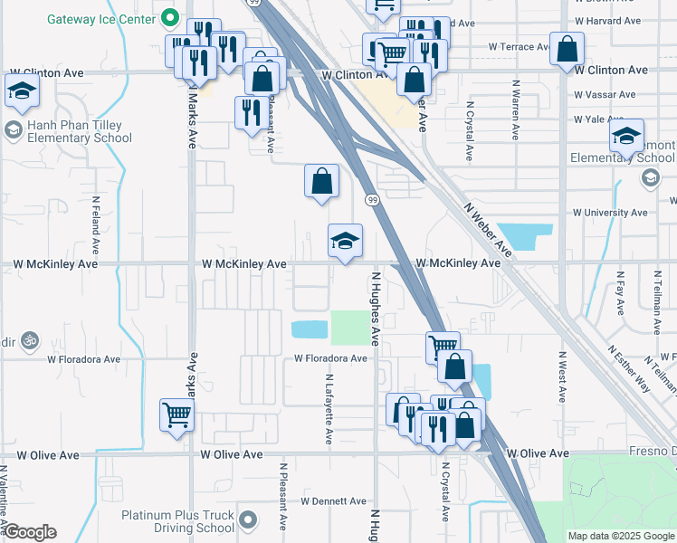 map of restaurants, bars, coffee shops, grocery stores, and more near 2117 West McKinley Avenue in Fresno