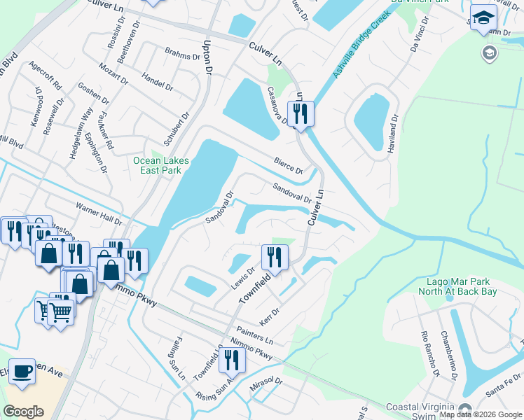 map of restaurants, bars, coffee shops, grocery stores, and more near 2116 Flowerdew Court in Virginia Beach