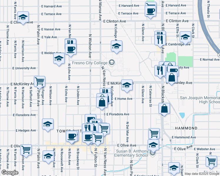 map of restaurants, bars, coffee shops, grocery stores, and more near in Fresno