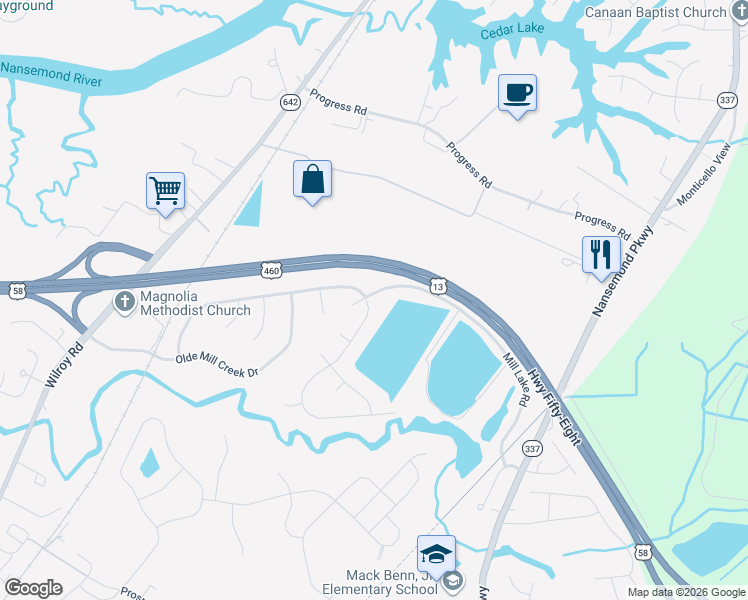 map of restaurants, bars, coffee shops, grocery stores, and more near 1749 Mill Wood Way in Suffolk