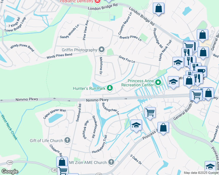 map of restaurants, bars, coffee shops, grocery stores, and more near 2492 Piney Bark Drive in Virginia Beach