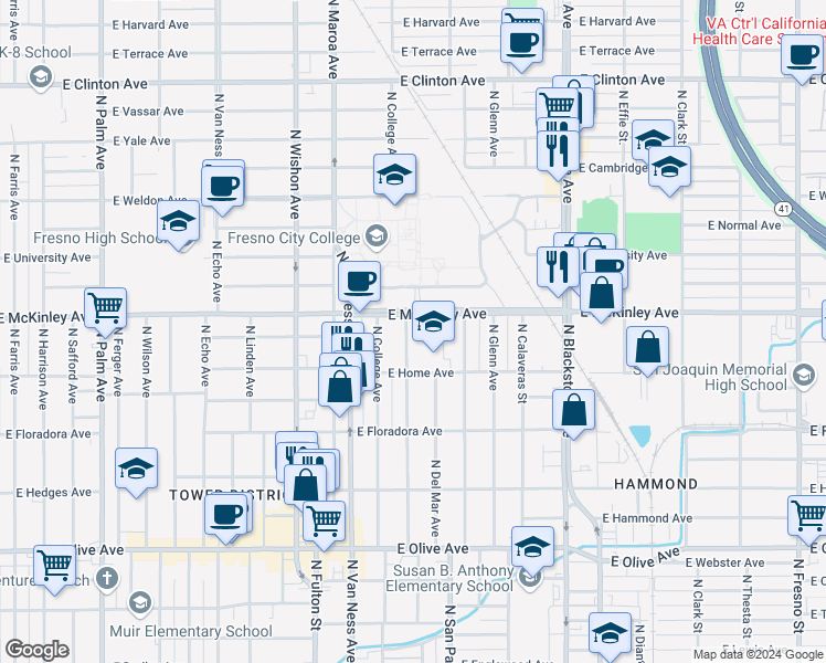 map of restaurants, bars, coffee shops, grocery stores, and more near 1570 North Poplar Avenue in Fresno