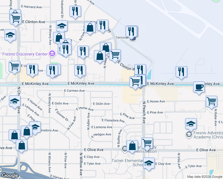 map of restaurants, bars, coffee shops, grocery stores, and more near 5097 East Carmen Avenue in Fresno