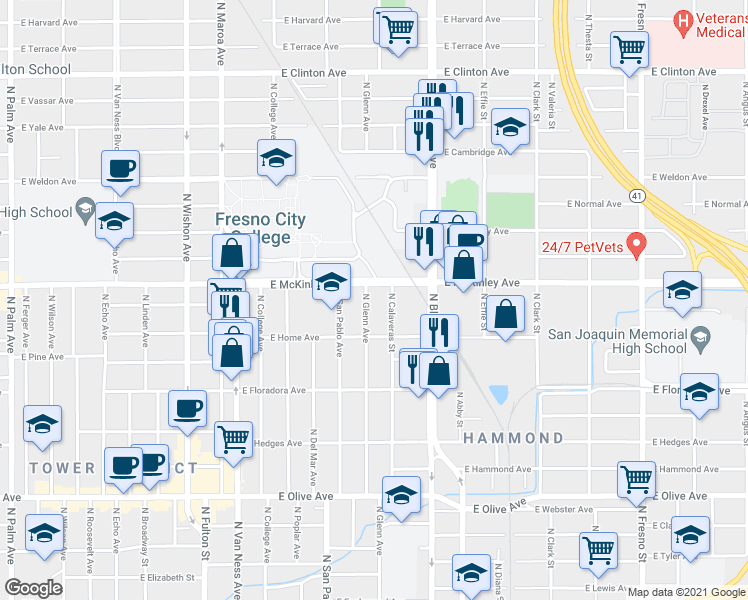map of restaurants, bars, coffee shops, grocery stores, and more near 1578 North Glenn Avenue in Fresno