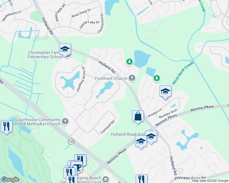 map of restaurants, bars, coffee shops, grocery stores, and more near 2613 Christopher Farms Drive in Virginia Beach
