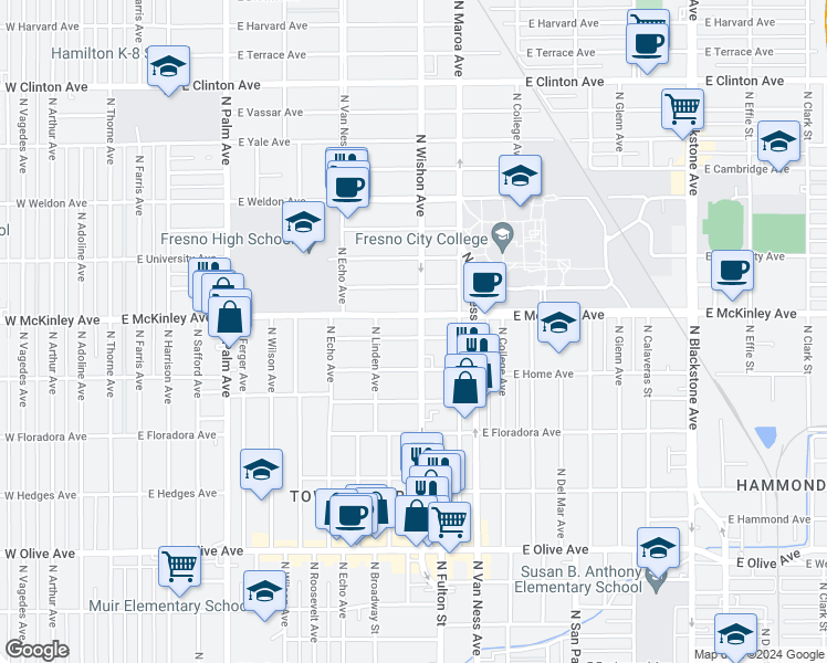 map of restaurants, bars, coffee shops, grocery stores, and more near 1561 North Wishon Avenue in Fresno
