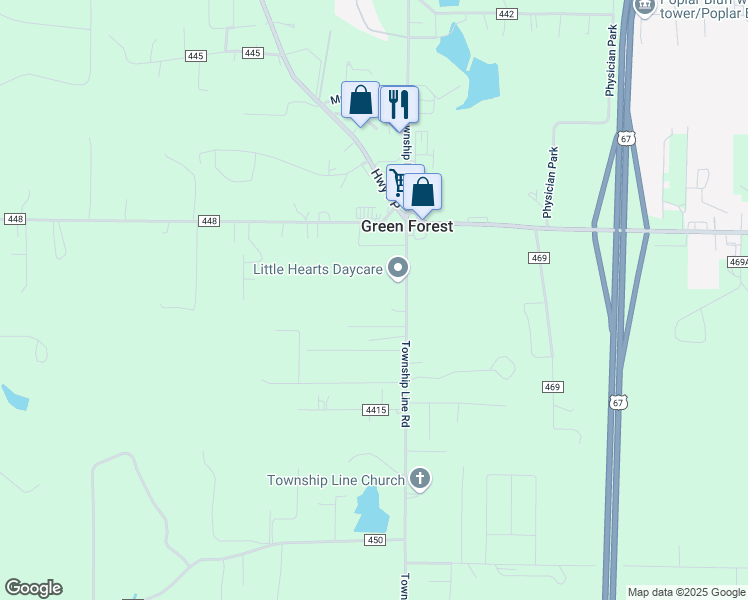 map of restaurants, bars, coffee shops, grocery stores, and more near 2365 Township Line Road in Poplar Bluff