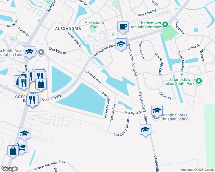 map of restaurants, bars, coffee shops, grocery stores, and more near 1228 Veranda Way in Chesapeake