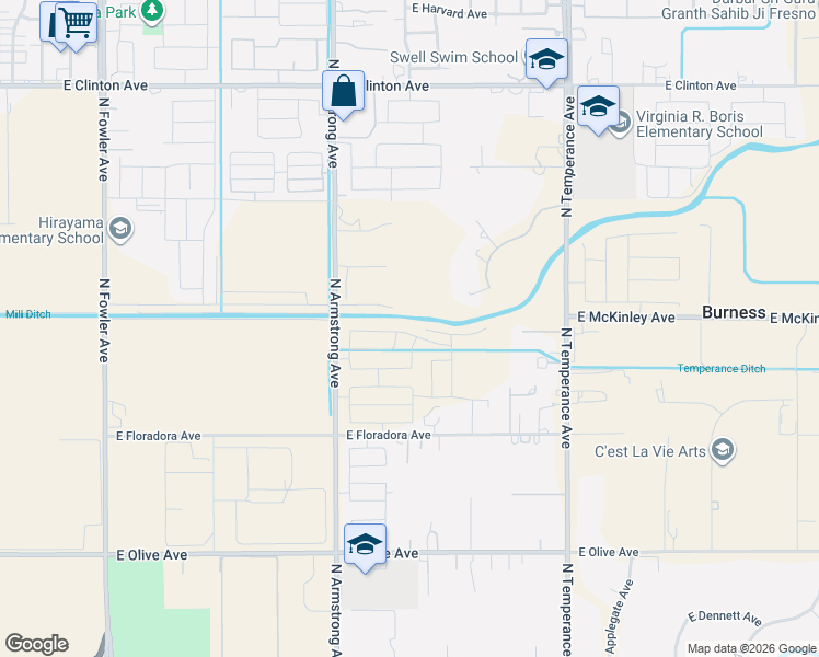 map of restaurants, bars, coffee shops, grocery stores, and more near 6855-6899 East Carmalee Lane in Fresno