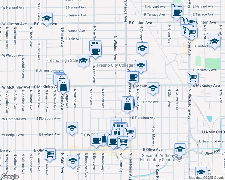 map of restaurants, bars, coffee shops, grocery stores, and more near 717 East McKinley Avenue in Fresno