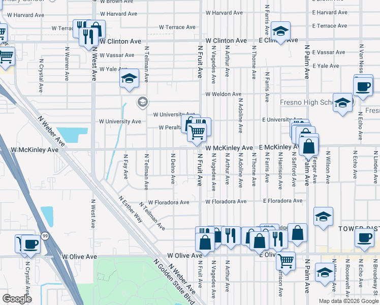 map of restaurants, bars, coffee shops, grocery stores, and more near in Fresno