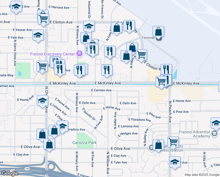 map of restaurants, bars, coffee shops, grocery stores, and more near 5007 East Carmen Avenue in Fresno