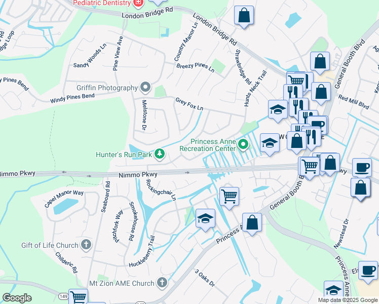 map of restaurants, bars, coffee shops, grocery stores, and more near 2512 Hunting Horn Way in Virginia Beach
