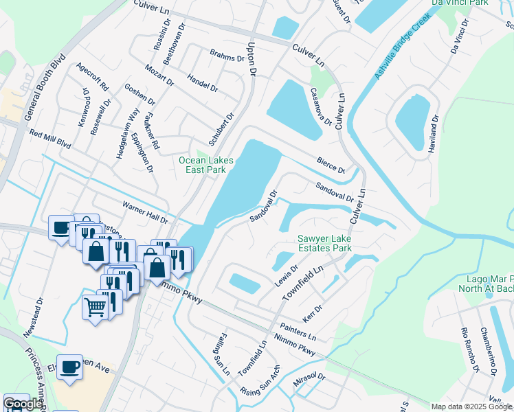 map of restaurants, bars, coffee shops, grocery stores, and more near 976 Sandoval Drive in Virginia Beach