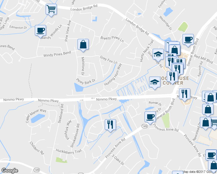 map of restaurants, bars, coffee shops, grocery stores, and more near 2512 Hunting Horn Way in Virginia Beach