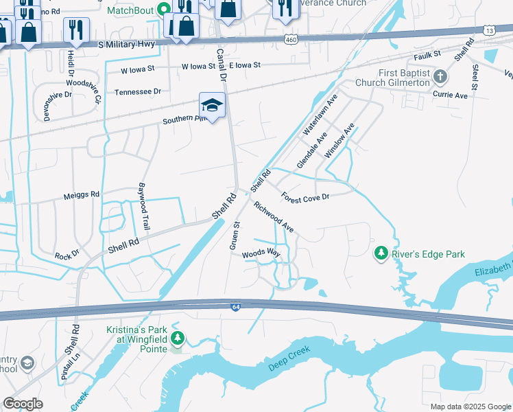 map of restaurants, bars, coffee shops, grocery stores, and more near 1611 Shell Road in Chesapeake