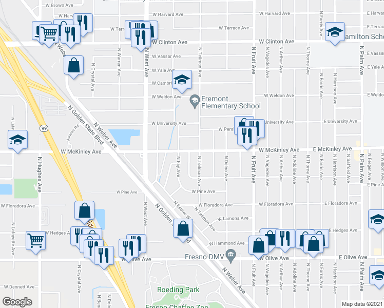 map of restaurants, bars, coffee shops, grocery stores, and more near 1590 North Durant Way in Fresno