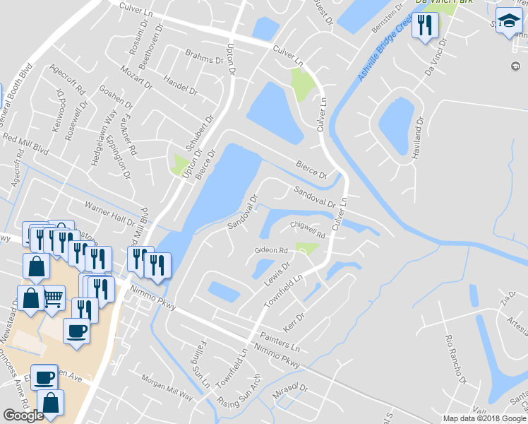 map of restaurants, bars, coffee shops, grocery stores, and more near 2108 Diamond Grove Court in Virginia Beach