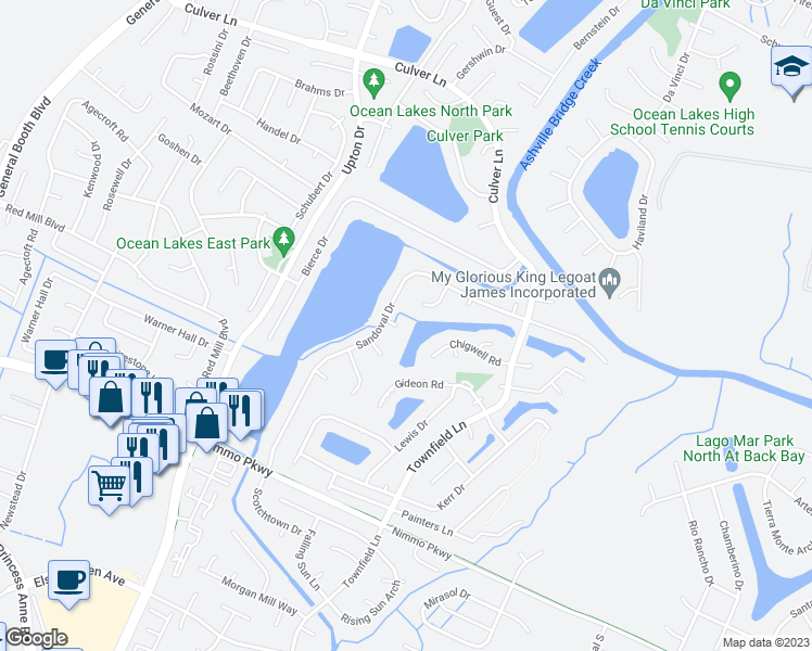 map of restaurants, bars, coffee shops, grocery stores, and more near 2108 Diamond Grove Court in Virginia Beach