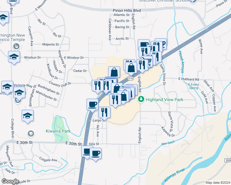 map of restaurants, bars, coffee shops, grocery stores, and more near 4601 East Main Street in Farmington