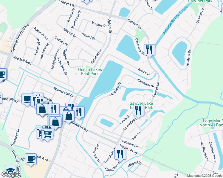 map of restaurants, bars, coffee shops, grocery stores, and more near 976 Sandoval Drive in Virginia Beach