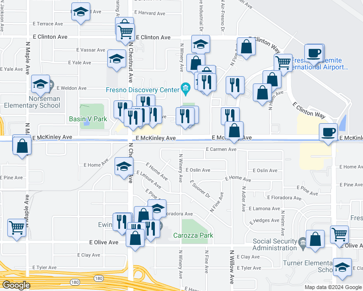 map of restaurants, bars, coffee shops, grocery stores, and more near 4903 East Carmen Avenue in Fresno