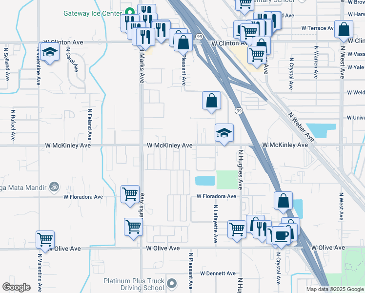 map of restaurants, bars, coffee shops, grocery stores, and more near in Fresno